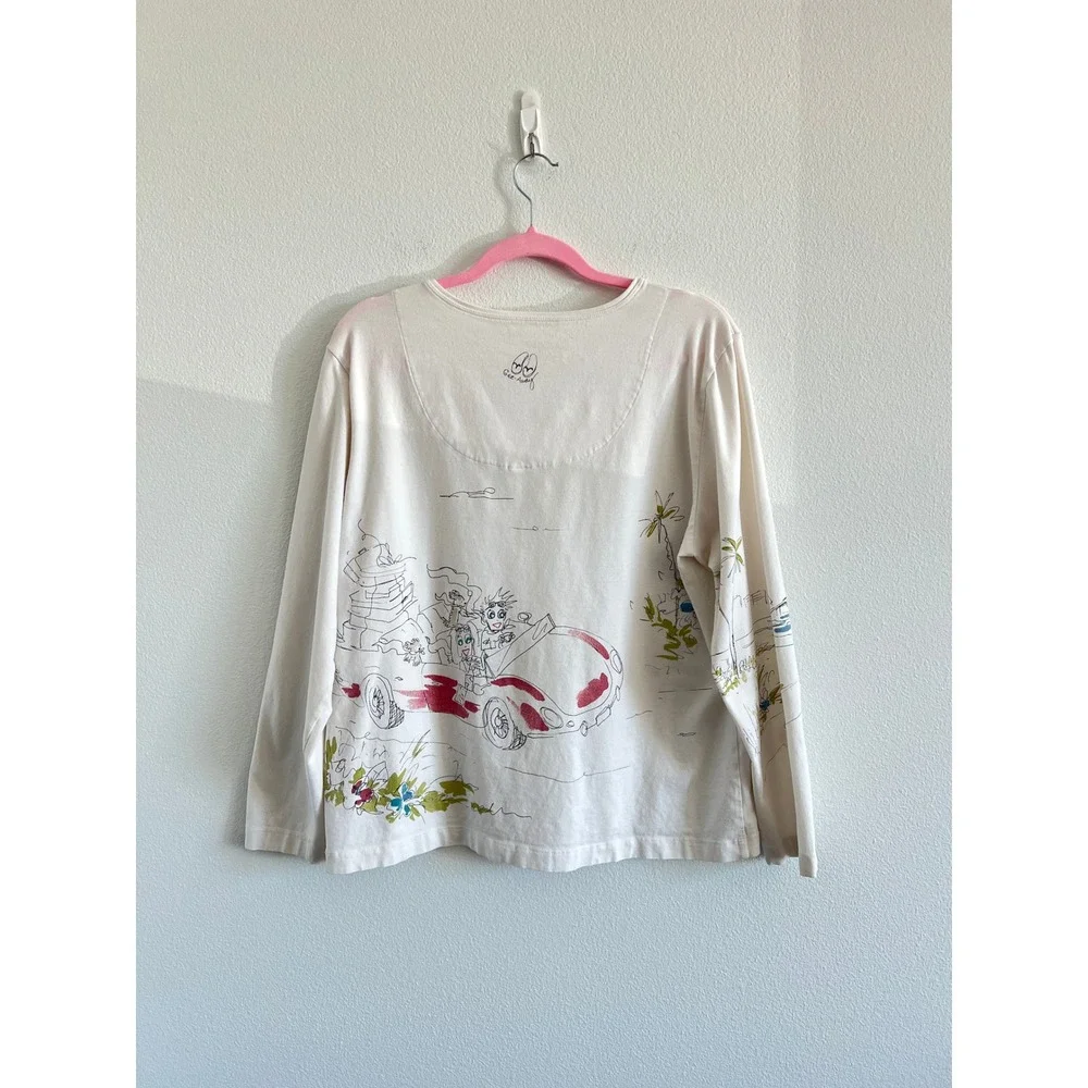 Chico's Chat-Tees V-Neck Long Sleeve Graphic Cream Tee 3 Vacation Beach Resort